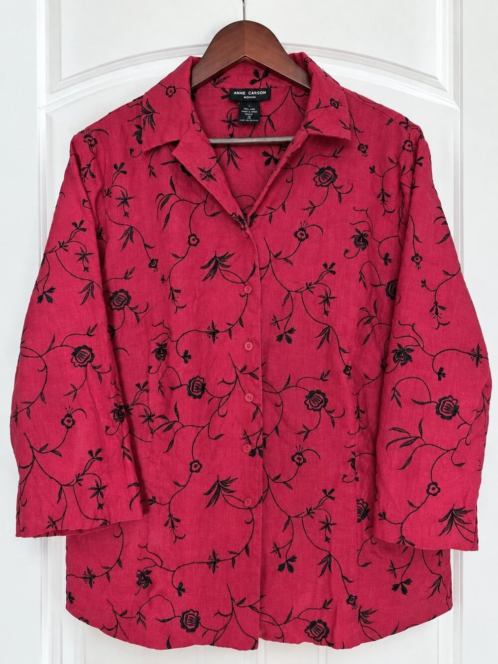 Anne Carson Linen Blouse 2X Pink Black Embroidered Floral Boho Coastal...